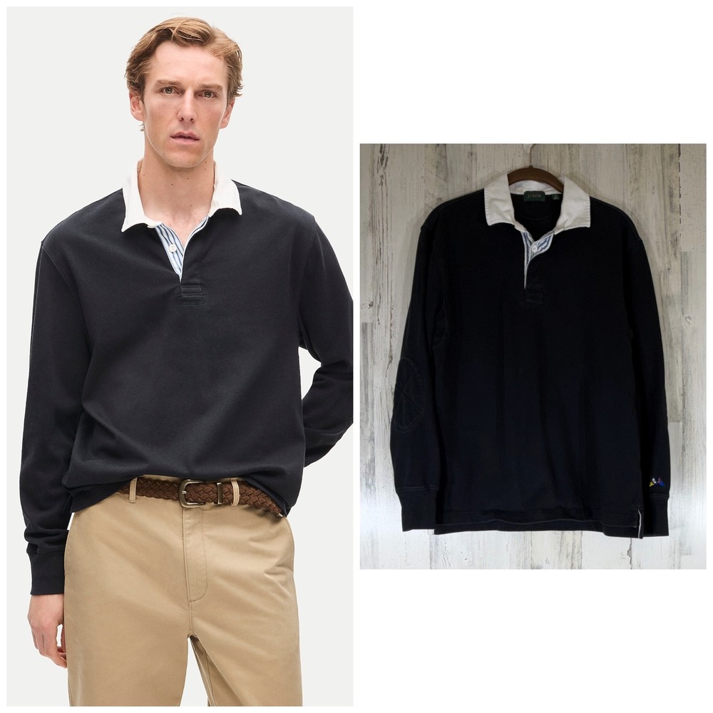 J Crew Oarsman Rugby Shirt XS Black Long Sleeve Elbow Patches Striped Placket